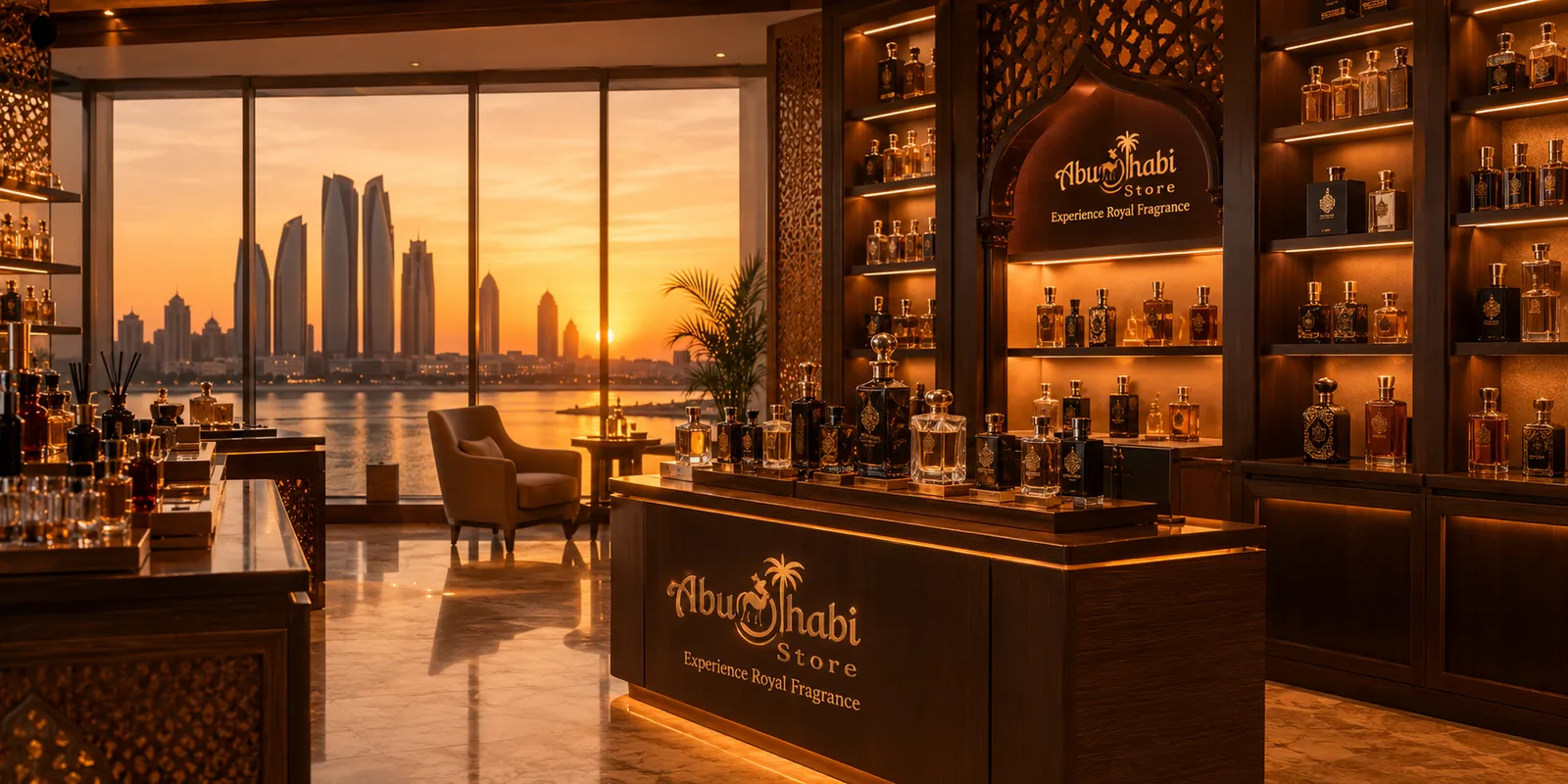 The Abu Dhabi Store fragrance showroom overlooking the city skyline