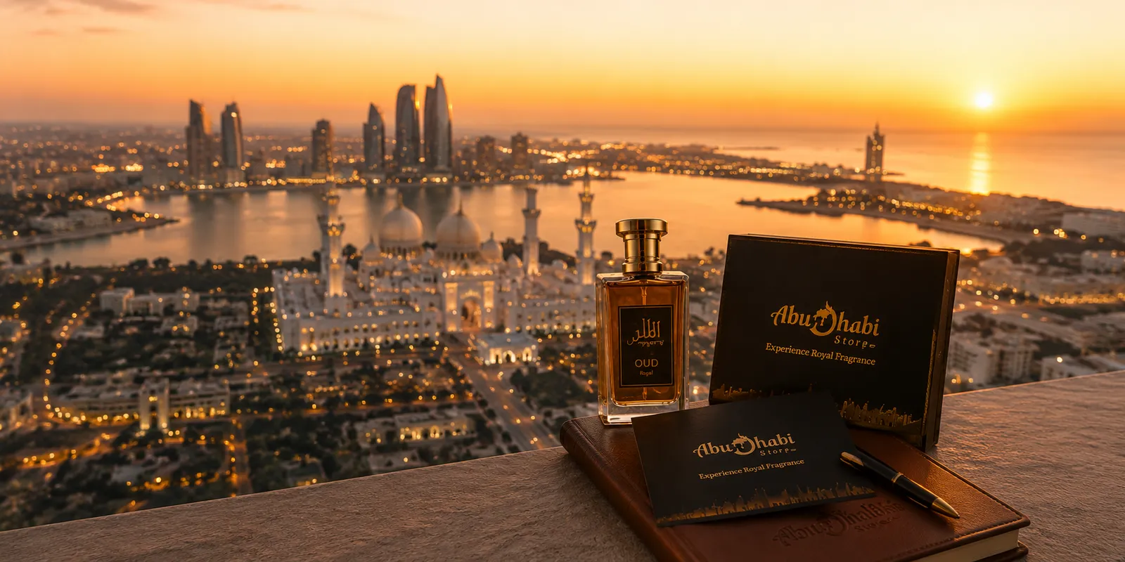 Abu Dhabi Store products photographed above the city at sunset